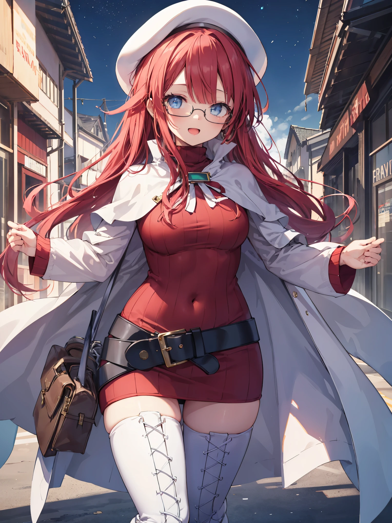 summonnightaty, aty, (young:1.3),long hair, blue eyes, red hair, big_tits, hat, glasses,
BREAK long hair, thighhighs, hat, dress, naked_legs, glasses, belt, cape, sweater, zettai ryouiki, beret, thigh boots, white footwear, ribbed sweater, loose belt,solo,
BREAK outdoors, fantasy,
,Highquality_hads,perfect_fingers,
BREAK (masterpiece:1.2), best quality, high resolution, unity 8k wallpaper, (illustration:0.8), (beautiful detailed eyes:1.6), extremely detailed face, perfect lighting, extremely detailed CG, (perfect hands, perfect anatomy),covered_nipples,covered_navel ,half_eyes,long_sword,sleepy_eyes,red_sweater,apart_knees,magical_effect,spread_legs, have_a_book,teacher,rise_knee,Smile,rise_hand,look_down_viewer,spread_arms,,looking_into,plump,open_mouth, dynamic_posing,solo,in_Emodern_town_landscape,night_sky,solo