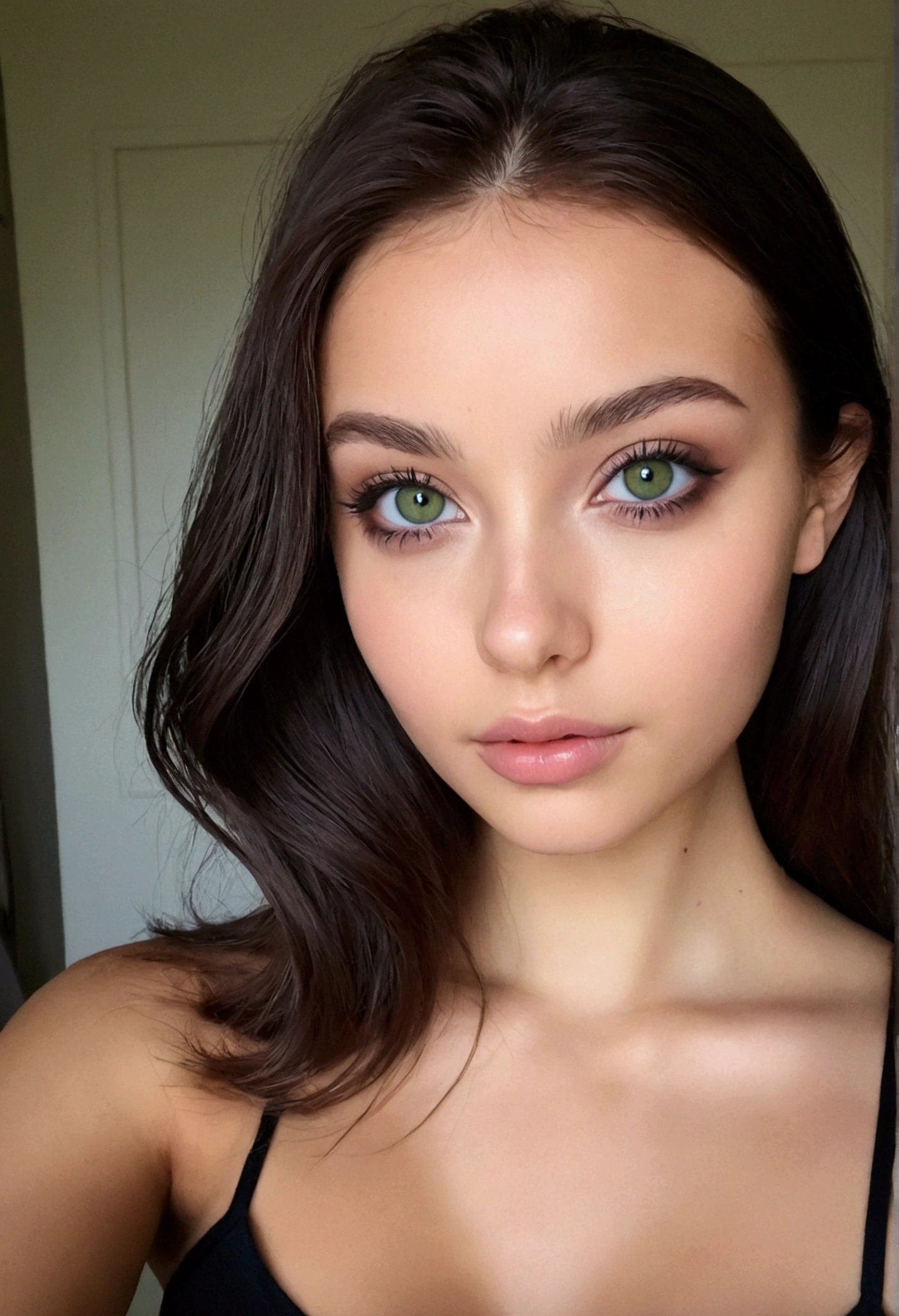 arafed, femme, à, vêtements noirs, fille sexy aux yeux vert, portrait sophie mudd, cheveux bruns et grands yeux, selfie d'une jeune femme, Yeux de chambre, violette myers, sans maquillage, maquillage naturel, regarder directement la caméra, Visage avec Artgram, Maquillage subtil, Superbe photo du corps entier, dans la chambre, clivage