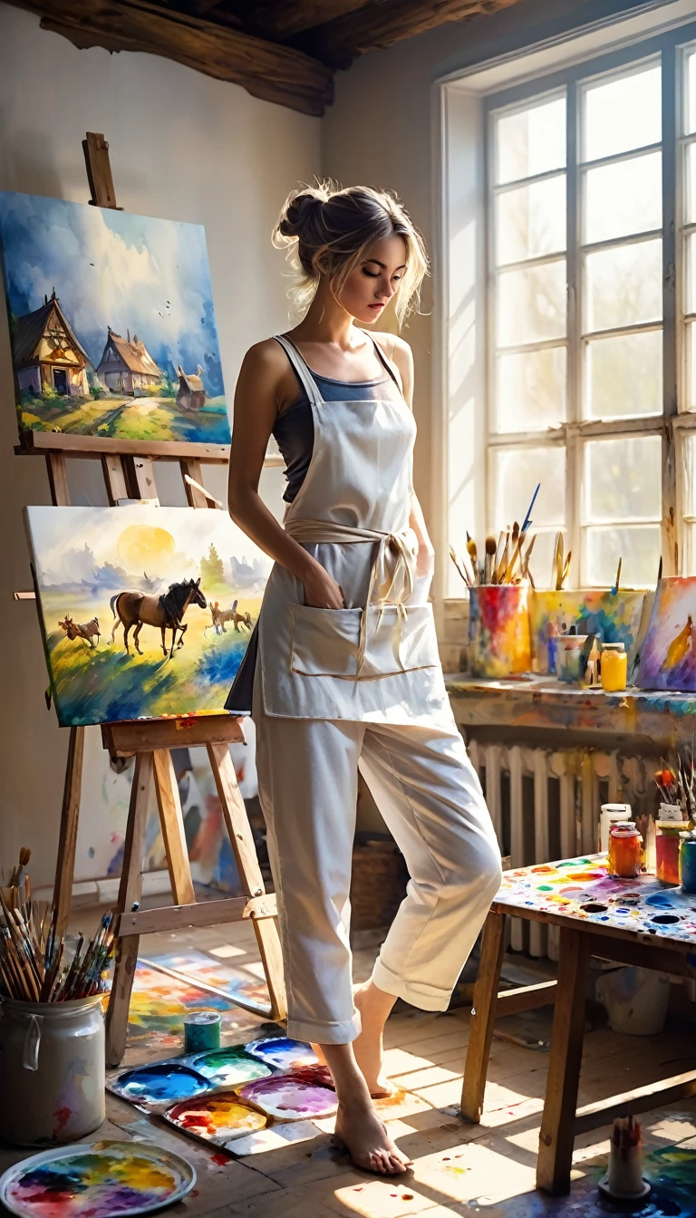 beautiful woman is (painting scene from the Grimm fairy tale "The Bremen Town Musicians" depicting the marching animals on canvas), (focus on canvas painting:1.5), tied up hair, wearing (white tank top, ivory work pants, apron, paint is splashed here and there), sunlight shines into a dimly lit room, the room is cluttered with art supplies, conceptual installation art, 2.5D, delicate and dynamic, fusion of watercolors and oil paintings, magic of vivid color shades and contrasts, gradation, foggy filter effects