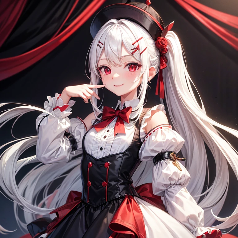 room,Idol cloth,masterpiece,best quality,white hair, Red eyes,White shirt,(Black formal hat),(hairpin:1.3),(Small mouth mole:1.3),Smile,High resolution,4K,black separate sleeves, Upper Body,