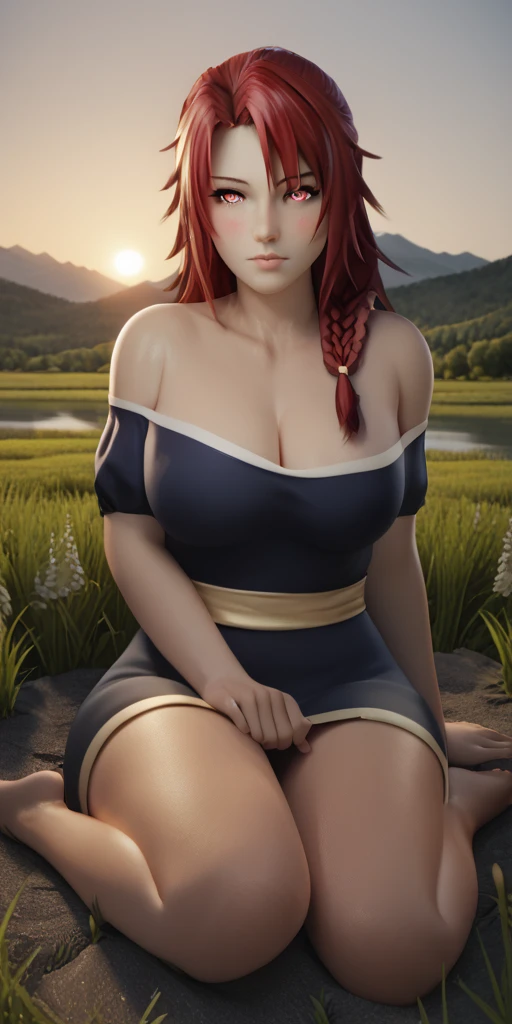 score_9, score_8_up, scscore_9, score_8_up, score_7_up, score_6_up, Iris Midgar, red hair, long hair, braid, red eyes, BREAK (masterpiece:1.2), best quality, high resolution, (detailed eyes:1.3), perfect lighting, (perfect hands, perfect anatomy), large breasts, stocking, 1girl, grass, solo, barefoot, sitting, breasts, mountain, sunset, dress, bare_shoulders, outdoors, looking_at_viewer, off_shoulder, field, sky, lake, collarbone, mountainous_horizon, indian_style, twilight, tree, black_dress, large_breasts, scenery, feet, off-shoulder_dress, rock, hollow eyes, red eyes, looking at viewer. heavy breathing, embarrassed, blush face, steaming face,
