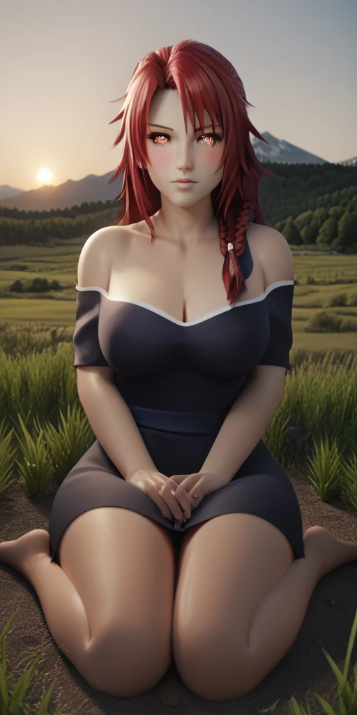 score_9, score_8_up, scscore_9, score_8_up, score_7_up, score_6_up, Iris Midgar, red hair, long hair, braid, red eyes, BREAK (masterpiece:1.2), best quality, high resolution, (detailed eyes:1.3), perfect lighting, (perfect hands, perfect anatomy), large breasts, stocking, 1girl, grass, solo, barefoot, sitting, breasts, mountain, sunset, dress, bare_shoulders, outdoors, looking_at_viewer, off_shoulder, field, sky, lake, collarbone, mountainous_horizon, indian_style, twilight, tree, black_dress, large_breasts, scenery, feet, off-shoulder_dress, rock, hollow eyes, red eyes, looking at viewer. heavy breathing, embarrassed, blush face, steaming face,
