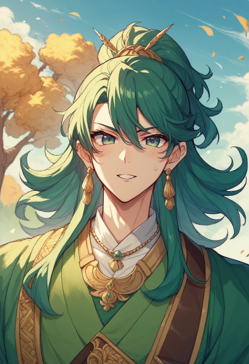 A character in the art style of the anime called "the apothecary diaries". She is a fighter, but wears traditional blue green clothes, her hair are black. (2d) (copy the anime art style)