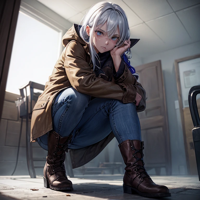 ((suspense scene ((concept art)), Detail of a girl wearing blue jeans, and brown coat and boots.)), (Better lighting, better shade, Extremely vulnerable and scary), (digital illustration), ((4k painting)), [(Dynamic angle,((1 girl)),white hair, (pretty face, perfect face, scared,) expression of fear, Torn clothes, gun in hand, Sitting on the floor, darkness, Scary house),  [:(dark, mystery, game drawing, dangerous environment, zigzag corridor, big house, deathly silence):]