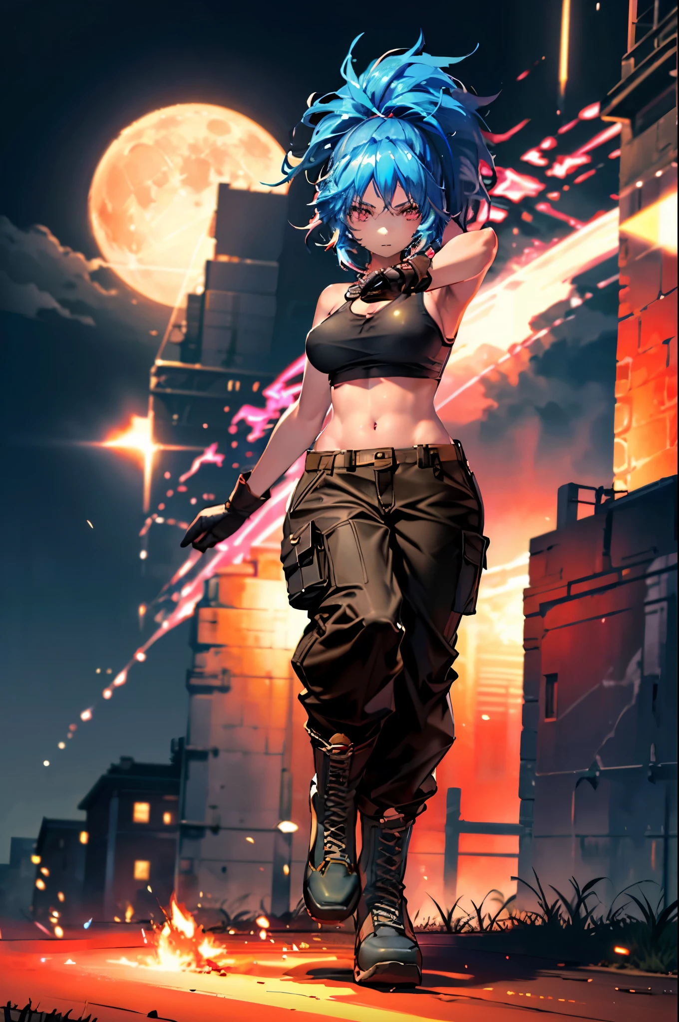 (masterpiece, highest quality, ultra high res, ultra detailed:1.3), 1 girl, ideal ratio body proportions, red eyes, (blue hair:1.2), high ponytail, unruly hair, brown tank top, military pants, military boots, bare shoulders, bare arms, open finger gloves, dog tag, full moon_landscape, night time, tank top covered nipples, 