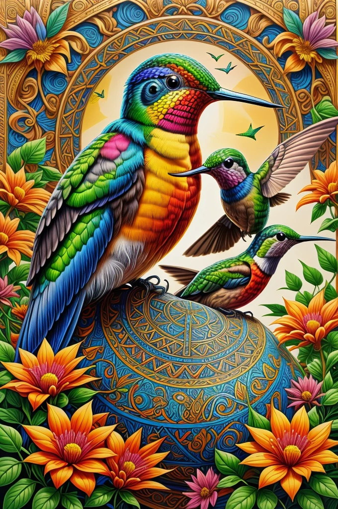 CRU photo, photorealistic, background with classic pattern border and a hummingbird drinking from a flower, close-up, bright and vibrant, (artwork:1.3) (best quality:1.2) (high quality:1.1)