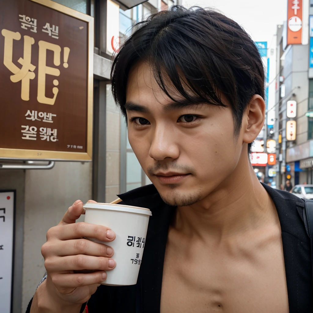 Korean man with above-the-shoulder hair. With sign next to nose drinking coffee in Tokyo 