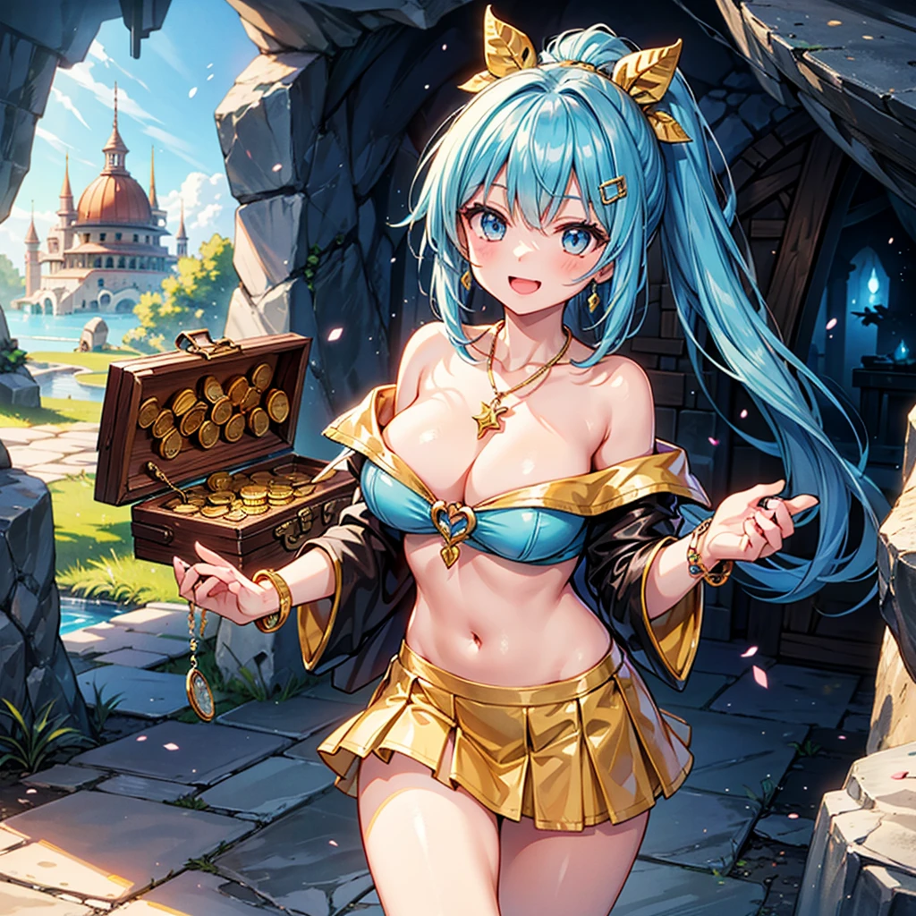 Anime Moe Art Style,Highest quality,High resolution,Anatomically correct,One Girl,Mid-s,Girl with light blue hair in a ponytail,Very detailed,Fantasy-style world,Off-the-shoulder tops,mini skirt,Big Breasts,Rich expressiveness,Laughing with your mouth open,cave,Opening a treasure chest,A treasure chest full of gold coins,Detailed drawn eyes,hair ornaments,necklace,bracelet,8k