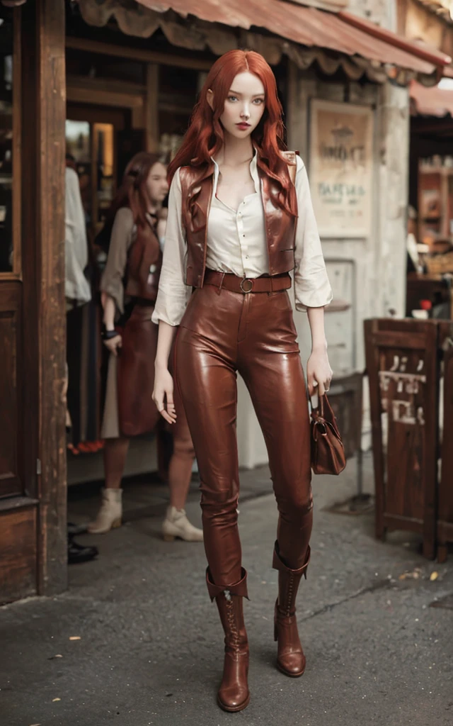 Slender girl with long cherry red hair and porcelain skin dressed in a vintage shirt, brown leather trousers and vest, fantasy style leather boots. Vintage shirt. Height 168cm. looks at the viewer, From head to toe, a high resolution, masterpiece, detailing