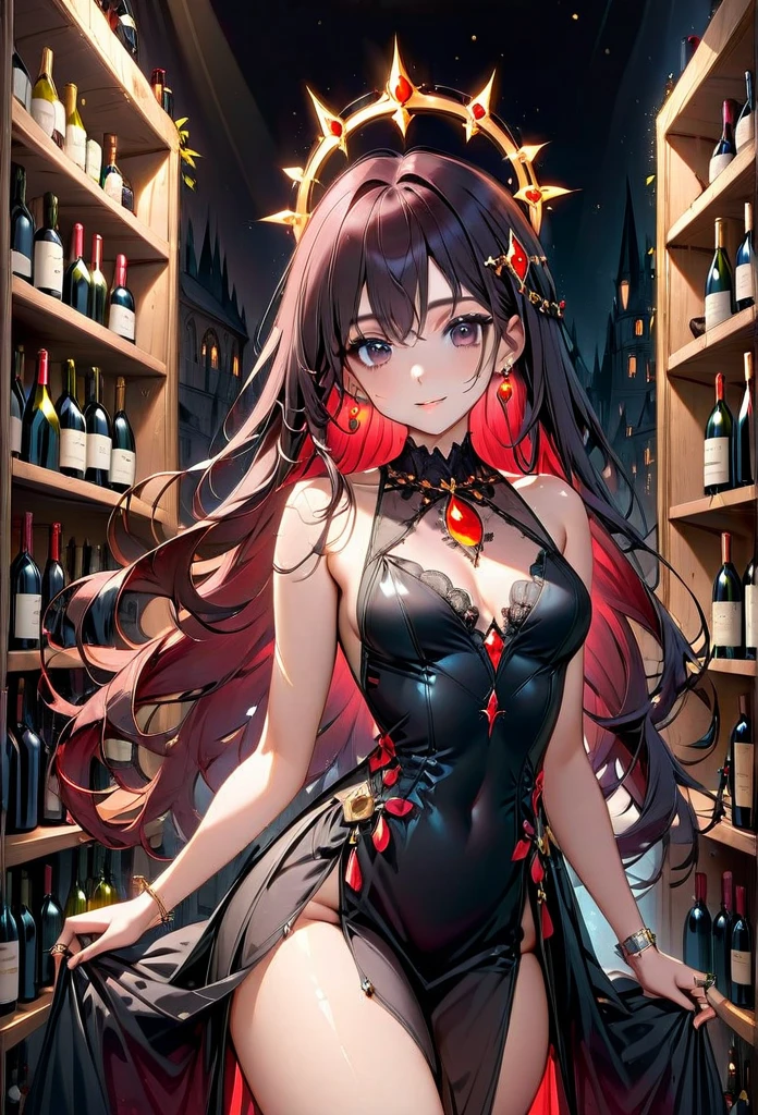 High resolution, high quality, High-resolution model, High detail, Very detailed, (Slim figure:1.5), (Fantasy atmosphere:1.3), (Shot from the thigh up:1.3), (holding a wine glass:1.3),goddess, long hair, Grown-up face, A relaxed expression, Dark Eyes, Gradient eyes, Front bottom shot, Her hair is black on top and red on the bottom., Mysterious Circlet of Light, Neon-like earrings, Black long dress, Dresses without slits, Shiny black and red gothic embellishments on the dress, A mysterious ring of light in the background extends off-screen, Mysterious light in the background, A shelf with wine bottles neatly lined up all over the background, The shelves in the background are symmetrical,