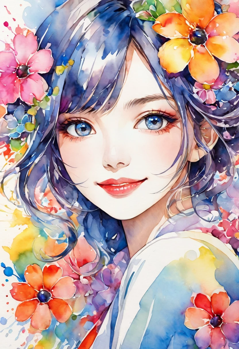 beautiful woman portrait, cute smile, Sylvia Pelissero watercolors, colorful flowers, beautiful eyes,  upper body, abstract art, intense watercolor, watercolor detailed art, watercolor splash, surreal, avant-garde pop art, Beautiful and expressive paintings, Beautiful artwork illustration, very colorful tones, wonderful, cool beauty, highest quality, official art, women only, sharp outline, best shot, vector art, lips in love、 (((The strongest beautiful women of all time))), (((Japanese)))、clear, (((highest quality))), lips in love, HDR, ((Detailed details)), stylish fashion, detailed clothing texture, (((graffiti art))), colorful hair, ((masterpiece))、((Super detailed))