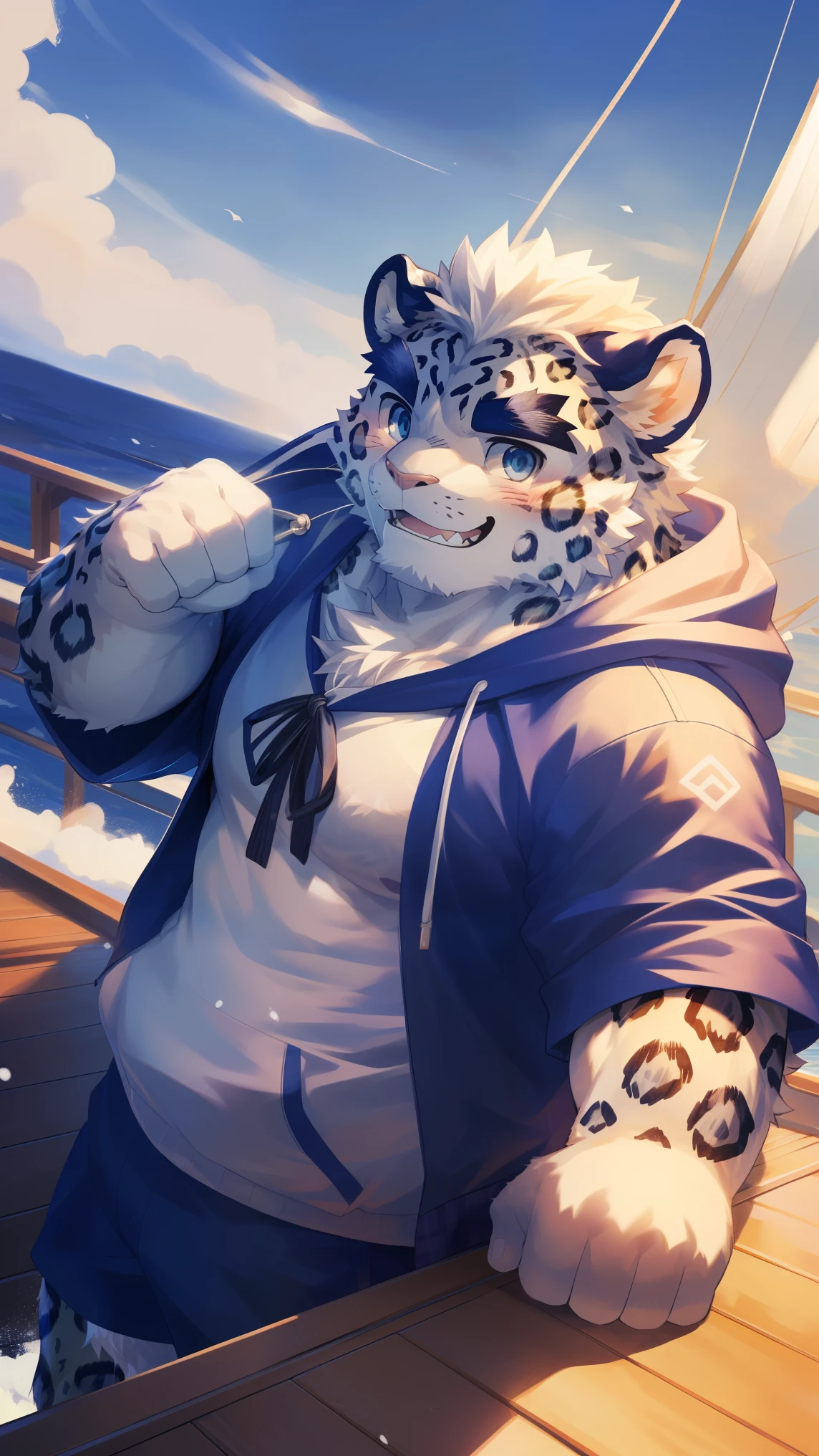 (Vision:1.5), solitary, anthropology, hairy, hairy male, snow leopard, ((Fluffy fur, Fluffy, hairy body)), (snow leopard print), (Thick eyebrows), youth, muscular, White and big skin, White fur, Blue-gray pupils, Detailed teeth, defaced face, fundos, sailor, Gray and purple plaid hoodie, sailor帽, On deck, Sailing, sideways, Shy expression, A faint smile, blush, (Dynamic poses:1.5), Clear facial features, Strong, majestic, alone, panoramic, Fog atmosphere, early morning, Tyndall Light Effect, On deck, early morning的阳光, (By Empty Ghost, From snow leopard20, masterpiece, high quality, high resolution,8k)