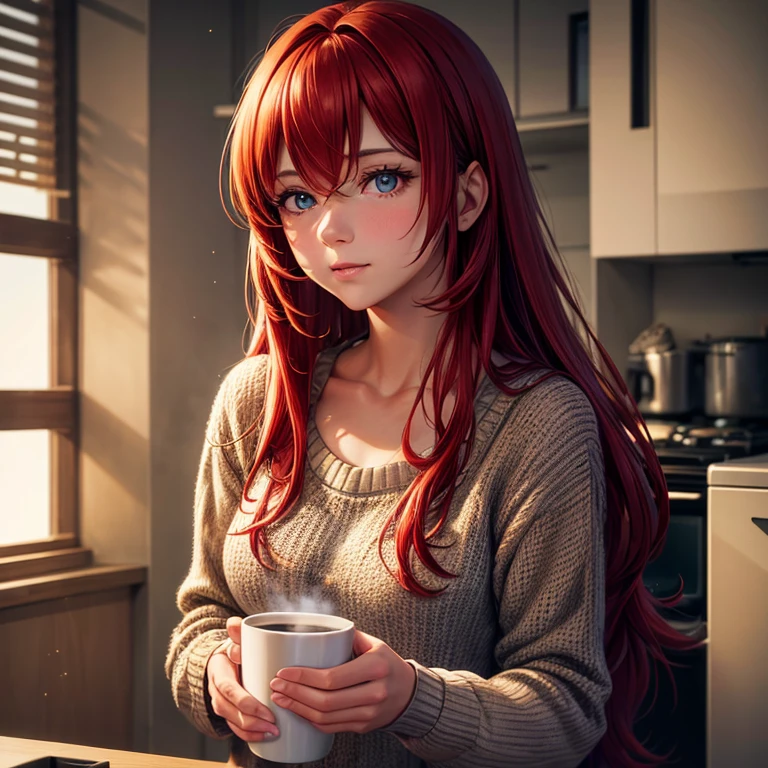 close up, portrait, Leanne Dyke, ((wearing a sweater)), Inside, portrait, kitchen, holding coffee cup, winter fire, Open your eyes, best quality, Upper Body, author：lee jeffries nikon d850 film stock photo 4 kodak 400 camera f1.6 shots rich colors ultra realistic textures natural lighting unreal engine popular on artstation cinestill 800, (100mm lens), long hair,, Red hair 