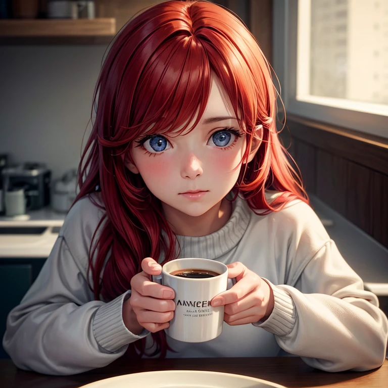 close up, portrait, Leanne Dyke, ((wearing a sweater)), Inside, portrait, kitchen, holding coffee cup, winter fire, Open your eyes, best quality, Upper Body, author:lee jeffries nikon d850 film stock photo 4 kodak 400 camera f1.6 shots rich colors ultra realistic textures natural lighting unreal engine popular on artstation cinestill 800, (100mm lens), long hair,, Red hair