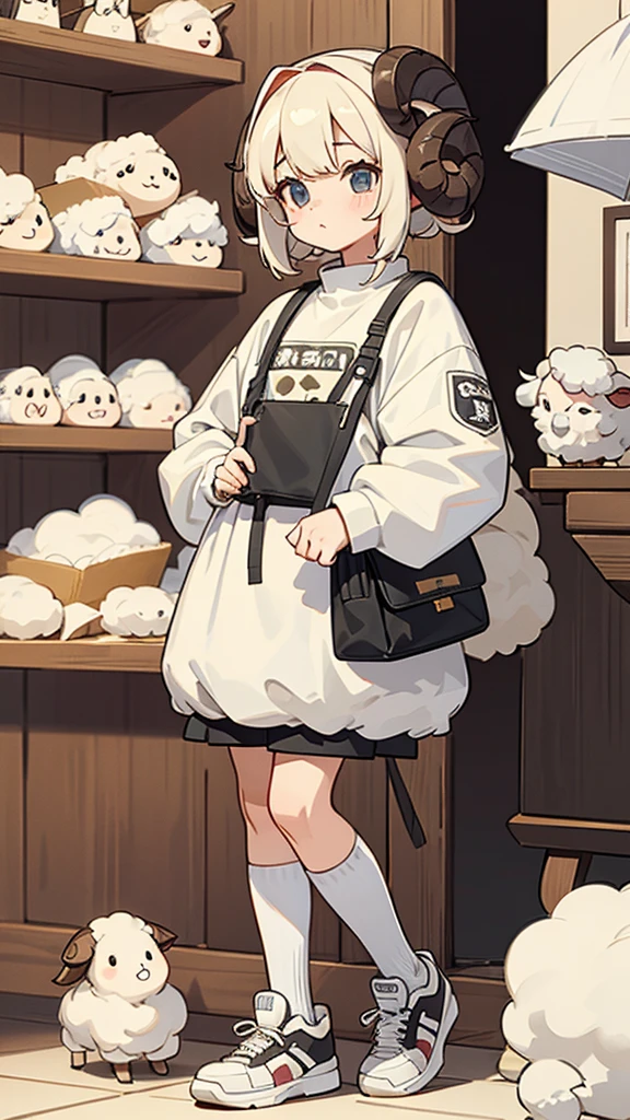 Sheep themed characters, Wearing big sneakers, サイバーパンク, Ram's horn, Keep the background simple, Magazine cover design, Pale pink hair, cloud hair, light smile, closed eyes, pink hair, projected inset, UHD, highres, best quality, 8k