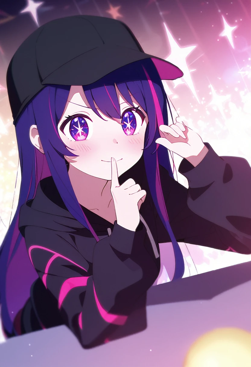 One Girl、(/Hoshino Ai\)、🤫、One girl、cute、My Favorite 、Purple Hair、Long Hair、Pink and purple multicolored eyes、Glowing stars in the eyes、Posing index finger in front of mouth、Black hoodie、Black cap、A little blush、I'm a little anxious、Stuffy look、White background