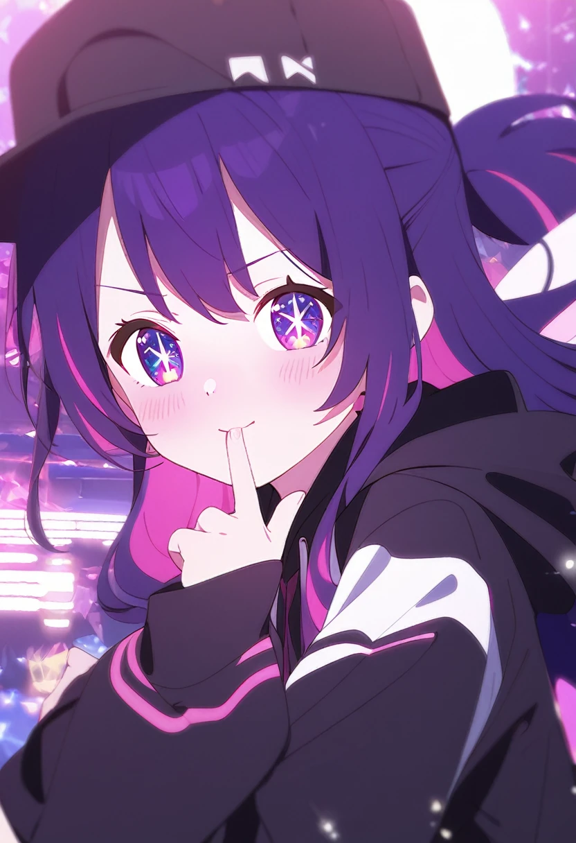 One Girl、(/Hoshino Ai\)、🤫、One girl、cute、My Favorite 、Purple Hair、Long Hair、Pink and purple multicolored eyes、Glowing stars in the eyes、Posing index finger in front of mouth、Black hoodie、Black cap、A little blush、I'm a little anxious、Stuffy look、White background