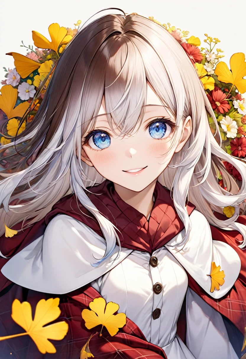 (1girl:1.3),(solo:1.3),(ultra detailed:1.2),(depth of field:1.2),(Amazing, beautiful detailed characters:1.2),(Realistic shadow effects:1.2),8k wallpaper,
BREAK
(cute maiden girl:1.2),(high definition eyes:1.3),(gradation clear vivid glitter pupil cute blue eyes:1.2),(eyes with a faint glint in them:1.3),(white long hair:1.3),bangs,(dignified beautiful face:1.2),hair between eyes,small mouth,(parted lips:1.2),with cute Healthy makeup,middle breasts,
BREAK
(squint smile:1.2),
(looking side:1.2),
BREAK
holding accessory,(White plaid flared skirt on red fabric:1.4),(Brown smock blouse:1.2),(White cape:1.2),(catsuit:1.2),bobby socks,brown loafer,
random pose,
Simple Background,dark brown,Ginkgo biloba,Autumn plants arranged in a circle,cosmos,acorn,Lots of flowers in pastel colors,
(A close-up portrait:1.3),