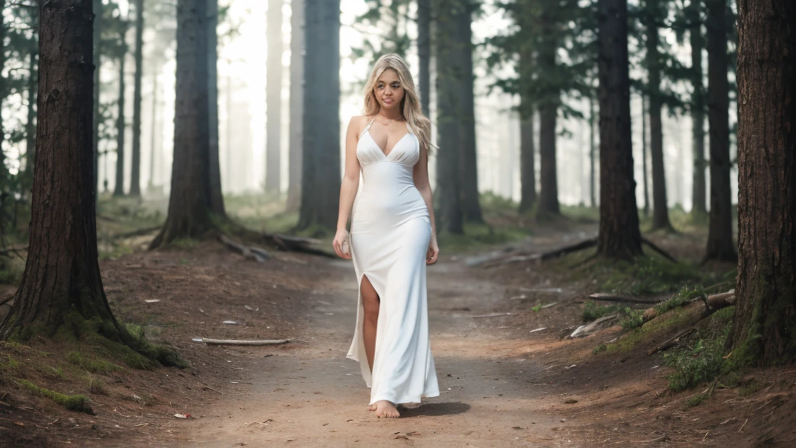 Hyper realistic and detailed full body photo of one young smiling blonde beautiful woman walks in the middle massive burning forest wearing a small worn and faded white dress...with bare feet perfect eyes, (Perfect boobs), (Eye makeup:1.1), (highly detailed skin:1.1), RAW, analog style, sharp focus, 8k UHD, DSLR, high quality, Fujifilm XT3, grain, award winning, masterpiece.