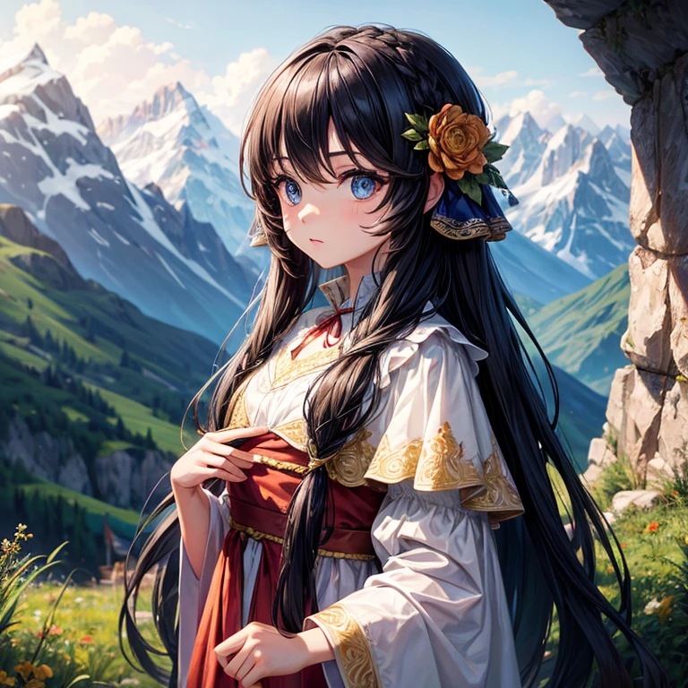 Costumes, long hair, girl, big eyes, Mountains,