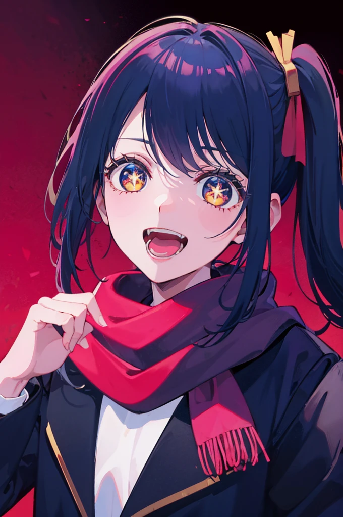 side ponytail, stupid hair, portrait, passionate fool, girl, Laugh loudly and energetically, golden eyes, red cloth scarf, Black Jacket, hero