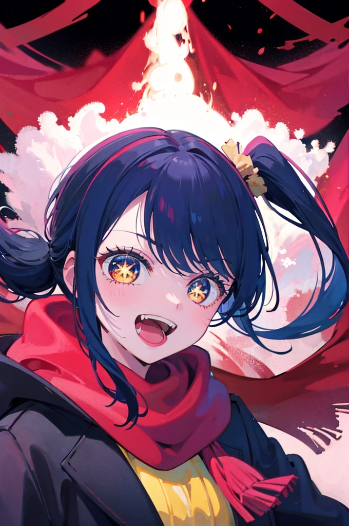 side ponytail, stupid hair, portrait, passionate fool, girl, Laugh loudly and energetically, golden eyes, red cloth scarf, Black Jacket, hero