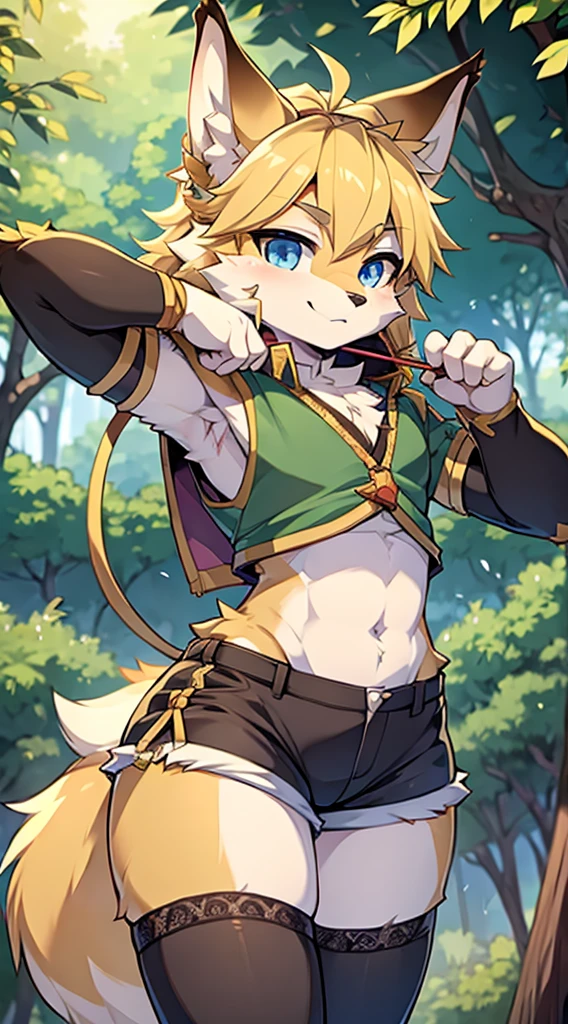 Wolf Boy，Wolf-eared boy，bow箭手少年，Hunter Junior，furry，furry，hairy，Blonde hair all over，Golden fur，Golden fur，绿色bow箭手服装，Long hair，blond，hunter costume，hunter costume，furry，白色丝绸Knee socks，Knee socks，蕾丝花边Knee socks，Lace style decoration，shorts，蕾丝花边shorts，运动shorts，皮革shorts，Big Ass，Pseudo-sissy ass，femboy，绿色hunter costume，Forest Background，Jungle Background，Outdoor Background，bow，手持bow，Archery pose，Archery pose，手持bow，bow箭，flat chest，Chest wrap