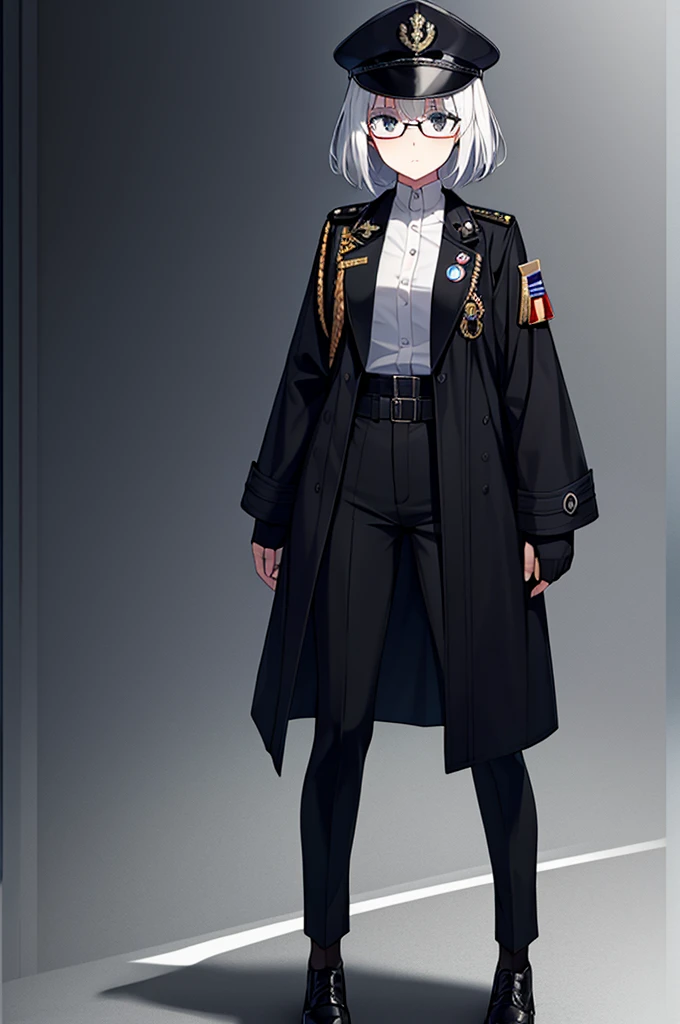 Masterpiece, 1girl, solo, female, white hair, short hair, black eyes, mature women, female military officer, badges, black trench coat, black pants, insignia, military medals, standing, full body shot's, looking at viewers, glasses