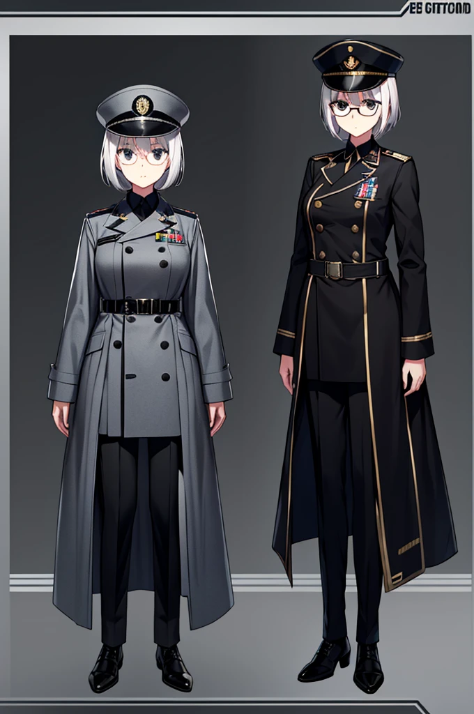 Masterpiece, 1girl, solo, female, white hair, short hair, black eyes, mature women, female military officer, badges, black trench coat, black pants, insignia, military medals, standing, full body shot's, looking at viewers, glasses 