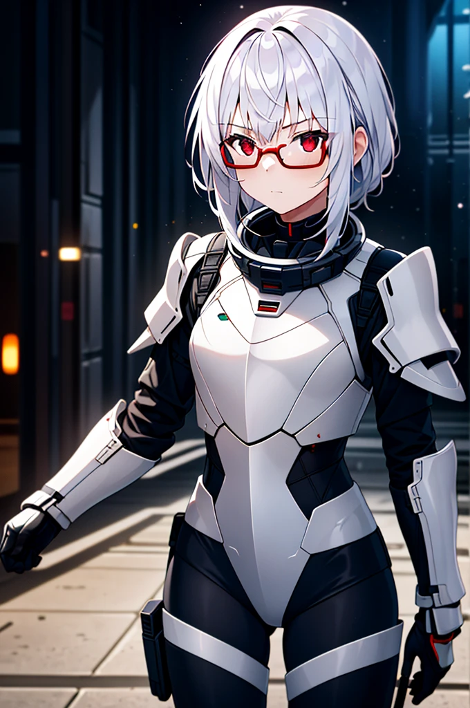 Masterpiece, solo, female, 1girl, 4k, standing, outdoor, white hair, white glasses, short, futuristic black soldier armor, cowboy shot's, Bokeh,red eyes, female soldier, bulletproof soldier armor, flat breast, flat chest, mature women, space soldier armor, guns holster 