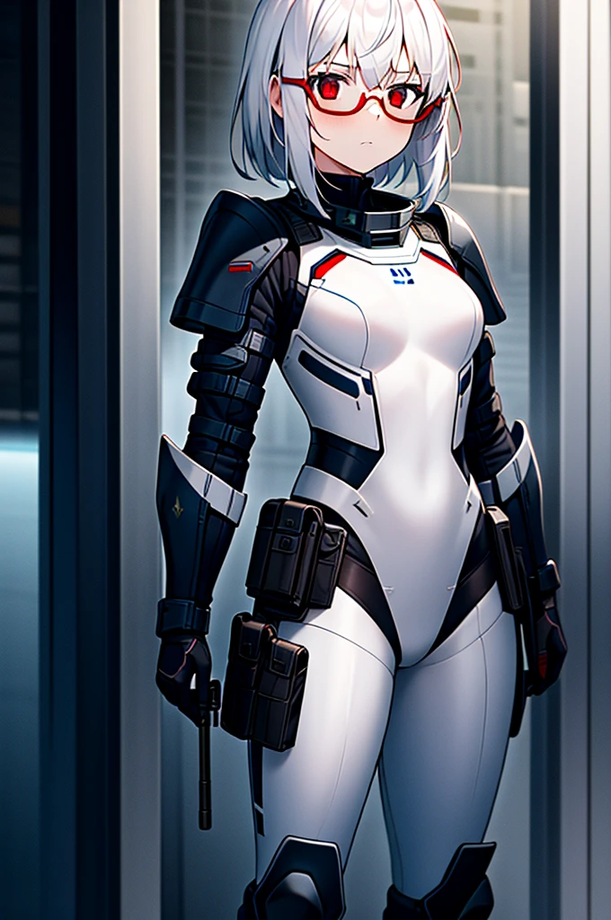 Masterpiece, solo, female, 1girl, 4k, standing, outdoor, white hair, white glasses, short, futuristic black soldier armor, cowboy shot's, Bokeh,red eyes, female soldier, bulletproof soldier armor, flat breast, flat chest, mature women, space soldier armor, guns holster
