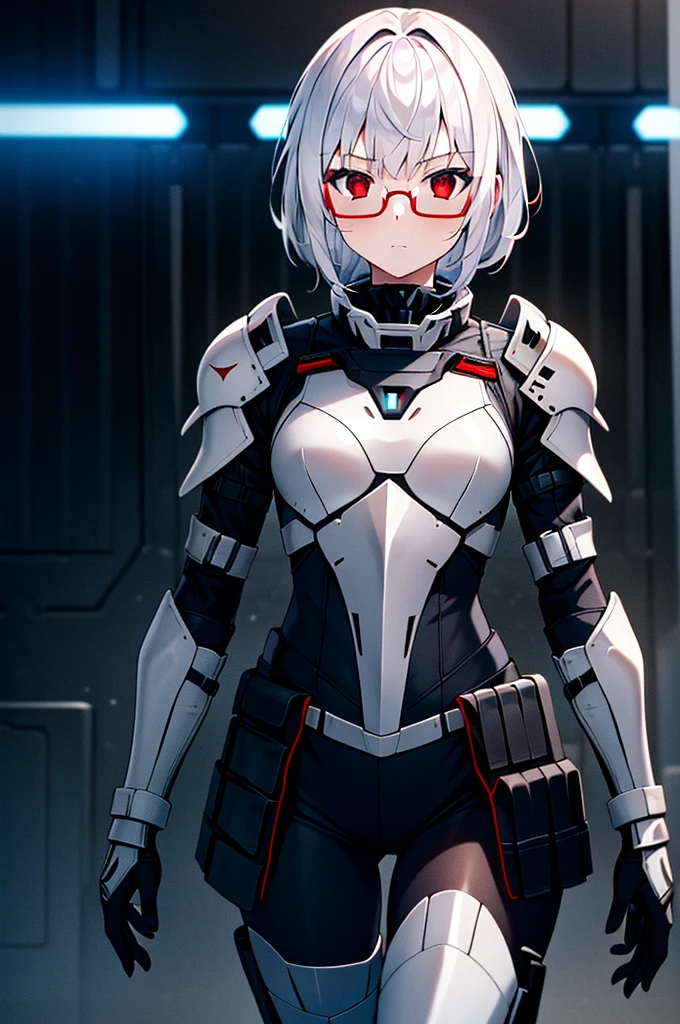 Masterpiece, solo, female, 1girl, 4k, standing, outdoor, white hair, white glasses, short, futuristic black soldier armor, cowboy shot's, Bokeh,red eyes, female soldier, bulletproof soldier armor, flat breast, flat chest, mature women, space soldier armor, guns holster 