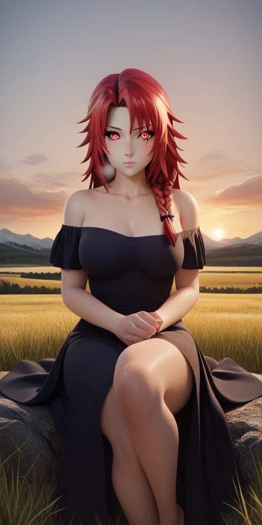 score_9, score_8_up, scscore_9, score_8_up, score_7_up, score_6_up, Iris Midgar, red hair, long hair, braid, red eyes, BREAK (masterpiece:1.2), best quality, high resolution, (detailed eyes:1.3), perfect lighting, (perfect hands, perfect anatomy), large breasts, stocking, 1girl, grass, solo, barefoot, sitting, breasts, mountain, sunset, dress, bare_shoulders, outdoors, looking_at_viewer, off_shoulder, field, sky, lake, collarbone, mountainous_horizon, indian_style, twilight, tree, black_dress, large_breasts, scenery, feet, off-shoulder_dress, rock, hollow eyes, red eyes, looking at viewer. heavy breathing, embarrassed, blush face, steaming face,
