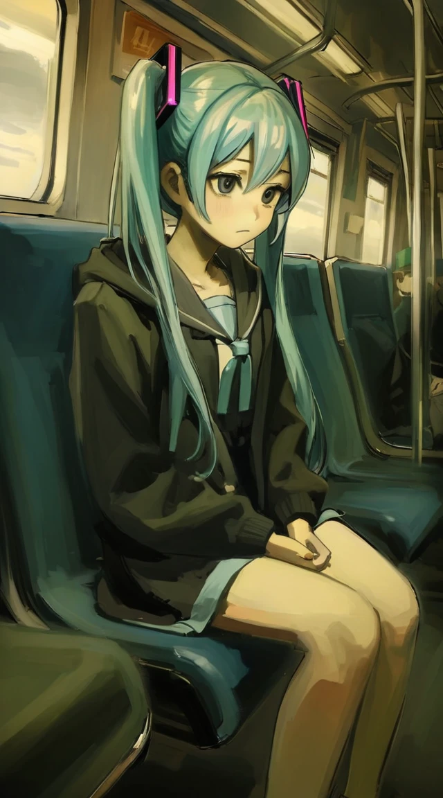 hatsune miku,best quality, aesthetic, by iwzry, by solipsist, 1girl, young girl, sit at train chair