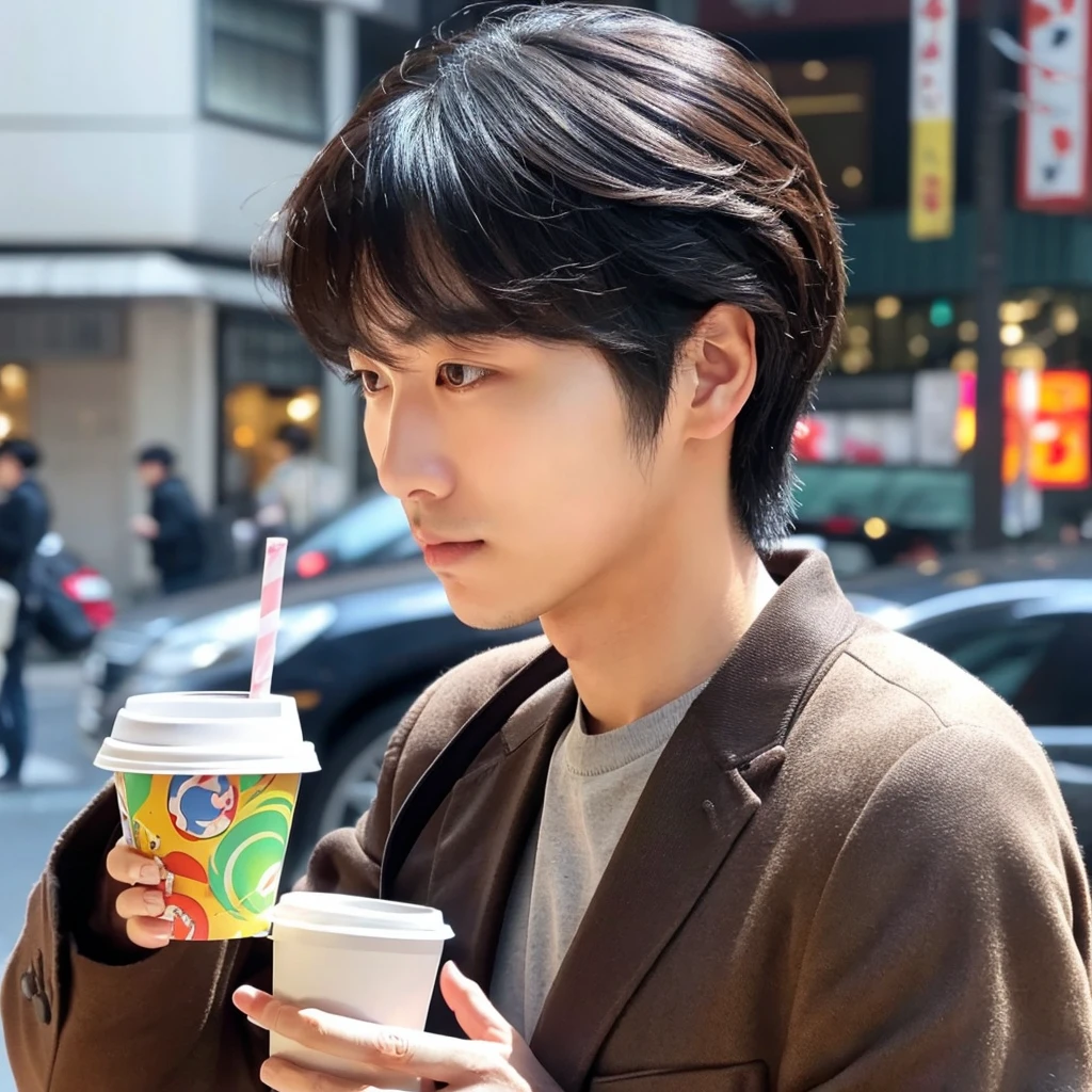 Korean man with above-the-shoulder hair. With sign next to the nose ,
drinking coffee in Tokyo