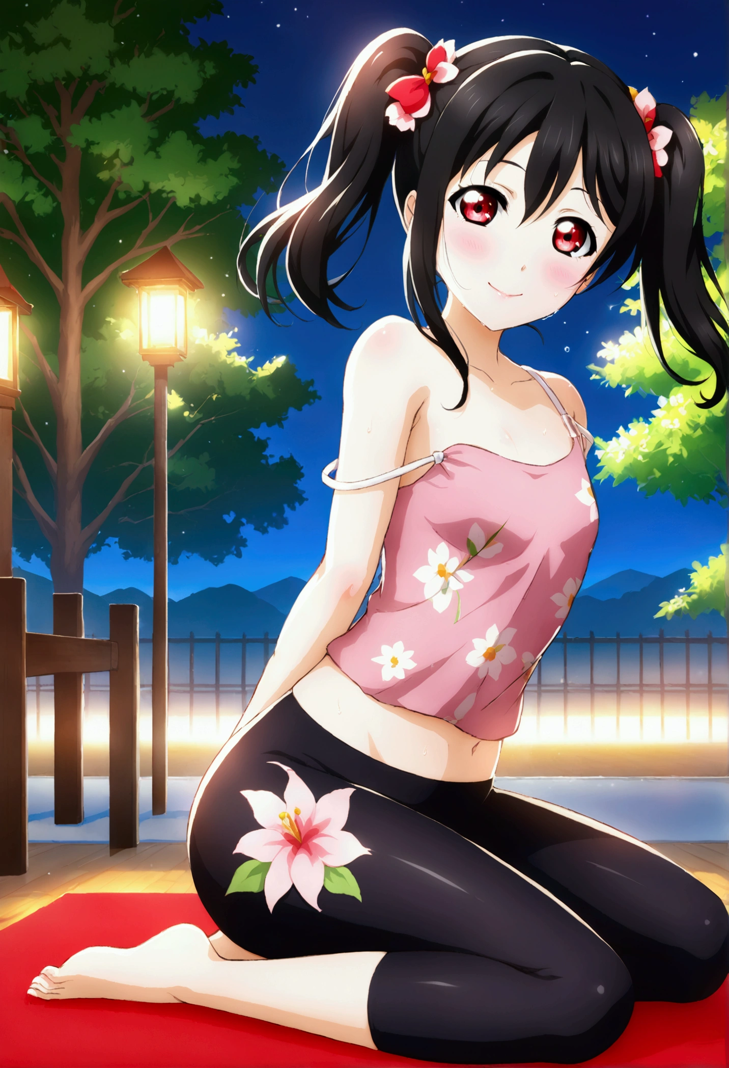 masterpiece, best quality,yazawa nico, black hair, twintails, red eyes, volumetric lighting, illustration, beautiful, tight , Blushing, breasts, looking at viewer, flowers printed tank top, yoga pants,solo, curvy body,floral print, seductive smile, (arms behind back, head tilt:1.1),(breathtaking scenery:1.1), tree, blushing full body shot, sweating, strap slip 