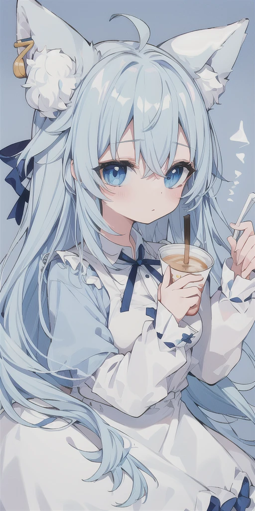 Milk tea hair,Light blue eyes,long,White ribbon,Dog Ears