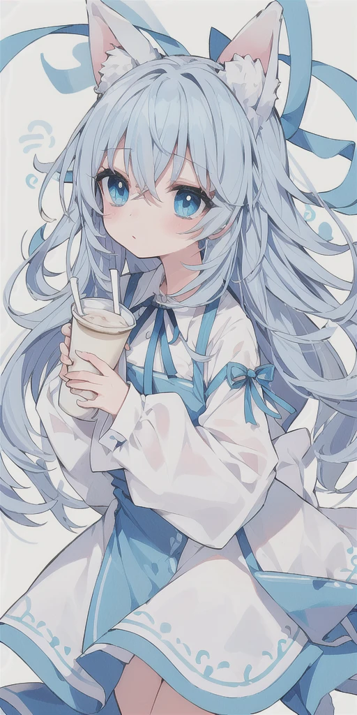 Milk tea hair,Light blue eyes,long,White ribbon,Dog Ears