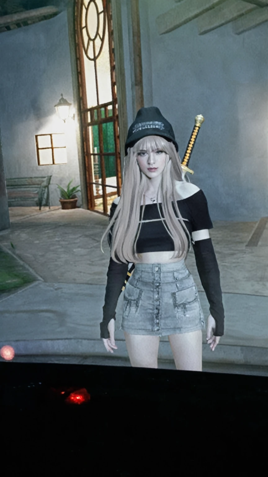 there is a beautiful woman with long hair wearing a hat and carries a sword behind his back highly detailed full body, full body female, dressed in black croptop clothing, female outfit, casual pose