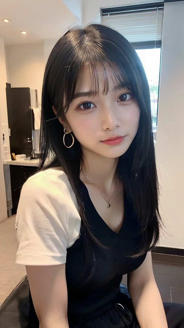 (masterpiece, Highest quality:1.3), smile、(Very detailed:1.2), (hyperRealistic:1.3), (RAW Photos:1.2),(Spread your legs:1.4)、High resolution raw color photos, Professional photos, (PhotoRealistic:1.4), (Realistic:1.4),(Small Nose:1.4)、(Glare:1.4)、Big eyes、Long eyelashes、Professional Lighting, Perfect Anatomy, (Very large breasts:1.2), (Detailed face), (Cute appearance:1.5), (Long black hair:1.5), necklace, bracelet, sexy, erotic sexy, (足を開いたsexyなグラビアポーズ:1.8), (Beautiful woman wearing short sleeve romper: 1.3)、take a bath、(Multiple ear piercings:1.4)、(Selfie:1.4)