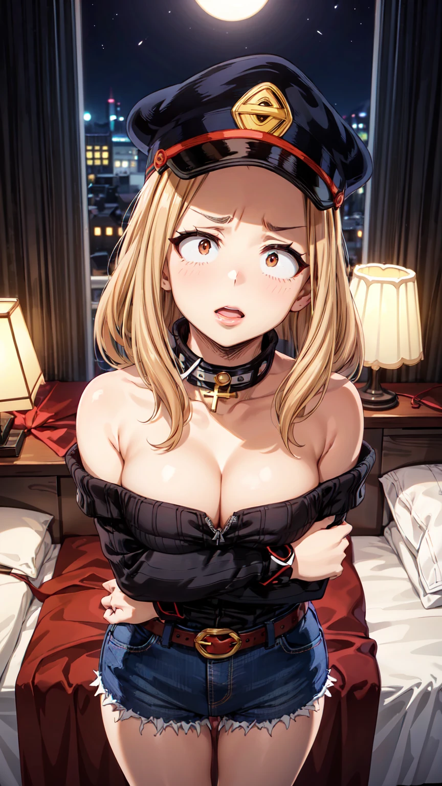 Masterpiece ,best quality , high resolution , ultra detail , colorful , (full view , thighs) , (glowing eyes , ultra detail eyes , perfect face , ultra detailed hair and face) , (1 girl solo:1.38) , (camie, long hair, brown hair, brown eyes, peaked cap , lipstick , eyeliner) , (bare shoulder , sweater , denim microshort , bow , chocker , belt) , (standing:1.24) , (sagging Neckline, low cut) , (cleavage:1.3) , (medium breast:1.3) , (cross arms in front of chest:1.2) , ( full face blush , shy , (frown:1.2) , (width open mouth:1.25)) , (indoor, BEDROOM , bed , bookcase , white sheet , lamp ,(night , dark , midnight , moonlight) )