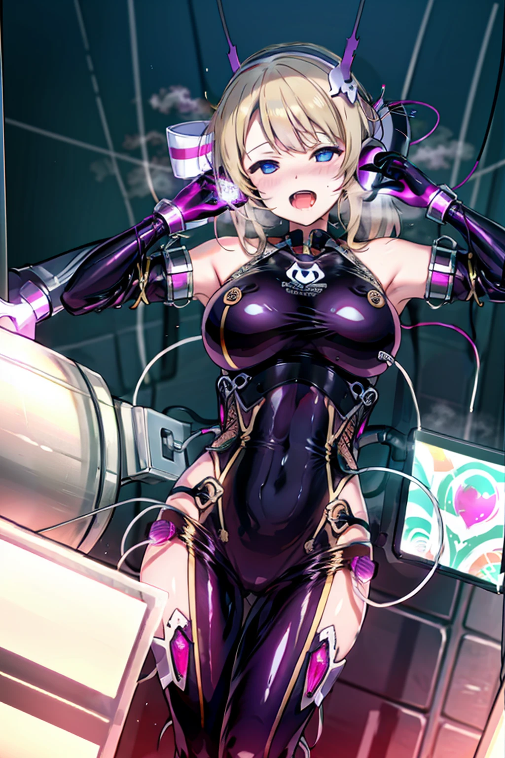 1 girl,NsfW,helmet, brainwash, visor, wires, Eri Aase ,(lovelive),clavicle, purple glowing eyes,absurdes, brainwashing,empty eyes, big breasts, No expression,(black latex tight bodysuit),avert your eyes , Whole body shape,(highest quality、4K、8k、High resolution、must have:1.2)、Super detailed、(reality、Realisticです、Realistic:1.37)、ticker、hyper HD、studio lighting、ultra definition paint、sharp focus、Physically based rendering、extreme details、Professional specifications、vibrancy and color、blurry、sports portrait、landscape、horror style、anime big breasts、sf、photograph、concept artist、five fingers, perfect body,  {{{masterpiece}}}, {{{highest quality}}}, {{Super detailed}}, {shape}, {{very delicate and beautiful}},Improved cost performance、all roles、Canon 5D MK4でphotograph、photograph, 