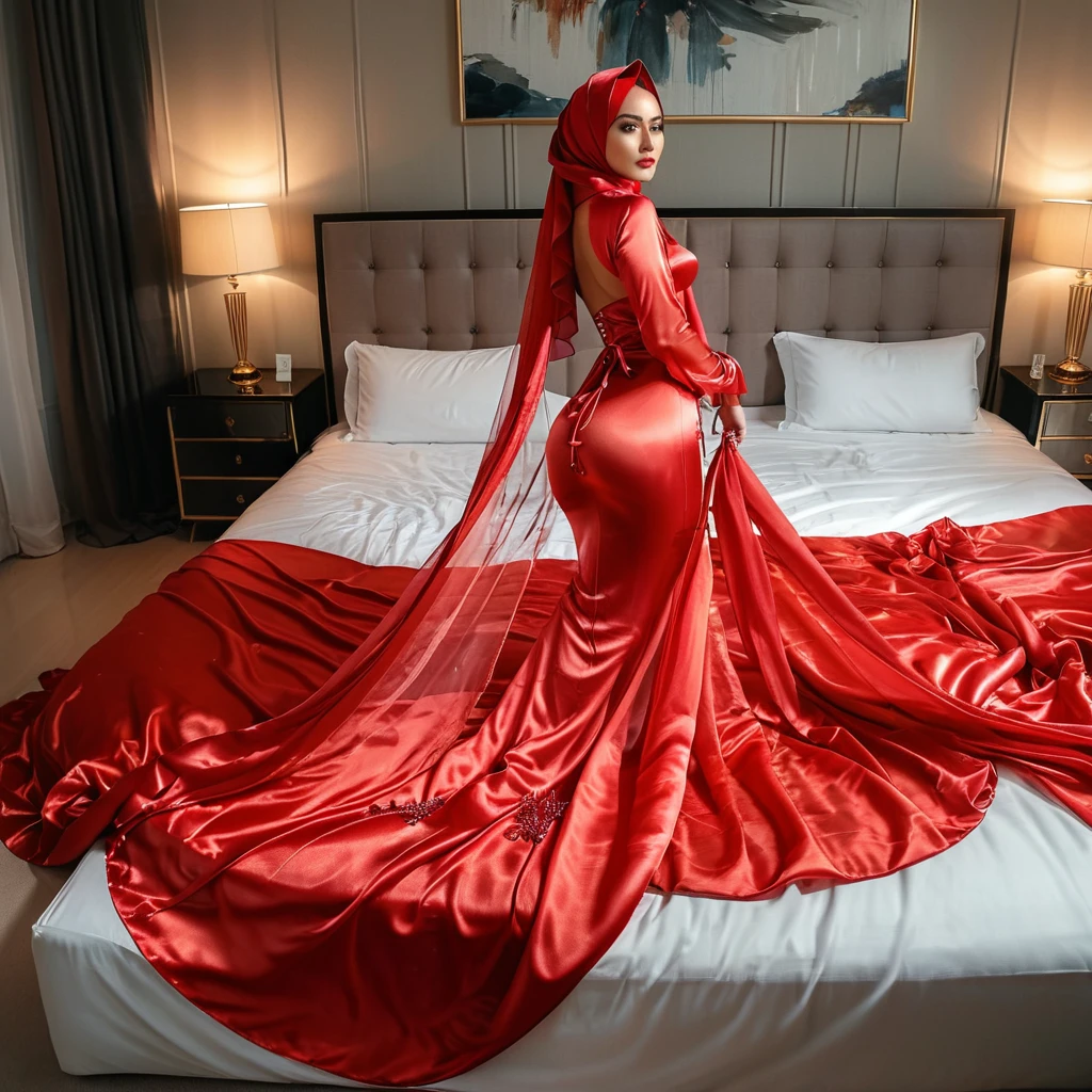 a woman in the translucent silk red gown, tight full body tied, satin sheet, nipple on with nipple piercing, modern satin hijab, full body, long satin,mermaid tight long gown, flowy dramatic long gown, tall women, satin bed, strugle to walk, wear high heels, satin bed, masterpice 