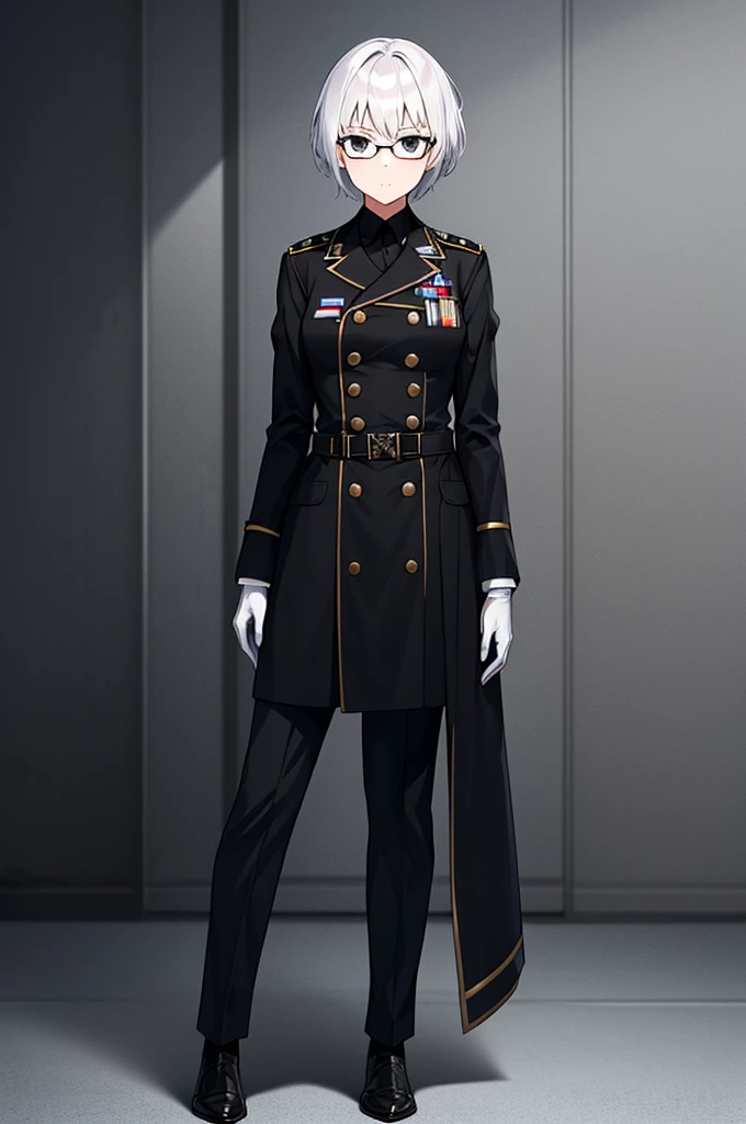Masterpiece, 1girl, solo, female, white hair, short hair, black eyes, mature women, female military officer, badges, black trench coat, black pants, insignia, military medals, standing, full body shot's, looking at viewers, glasses, white gloves 