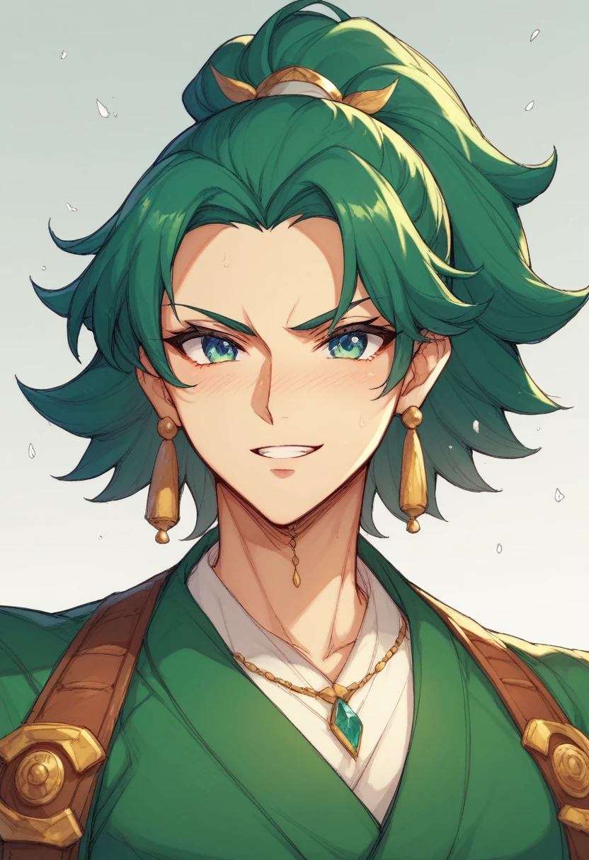 A character in the art style of the anime called "the apothecary diaries". She is a fighter, but wears traditional blue green clothes, her hair are black. (2d) (copy the anime art style)