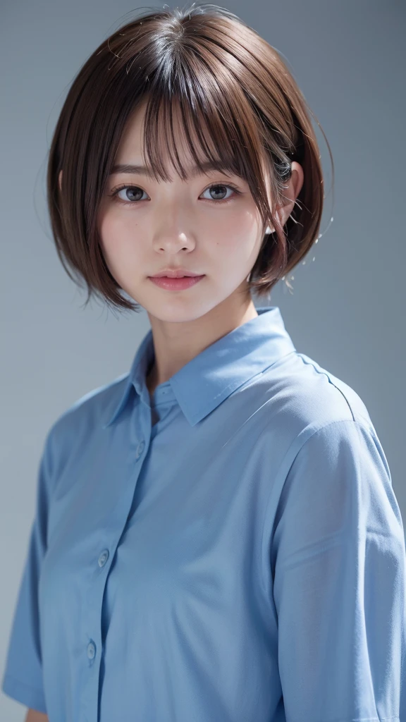 1 very cute girl、、short hair、Brown Hair、Hair is moist、reduce hair volume、Blue background、Upper Body、(head shot:1.5)、Eyes focus、Collared shirt、smile、(8k、RAW Photos、Highest quality、masterpiece:1.2)、(Realistic:1.3)、The depth of the written world、Wide Light、High Contrast、(Shine:1.4)、chromatic aberration、Sharp focus、Raw color photography、Cinema Lighting、8k解像度、