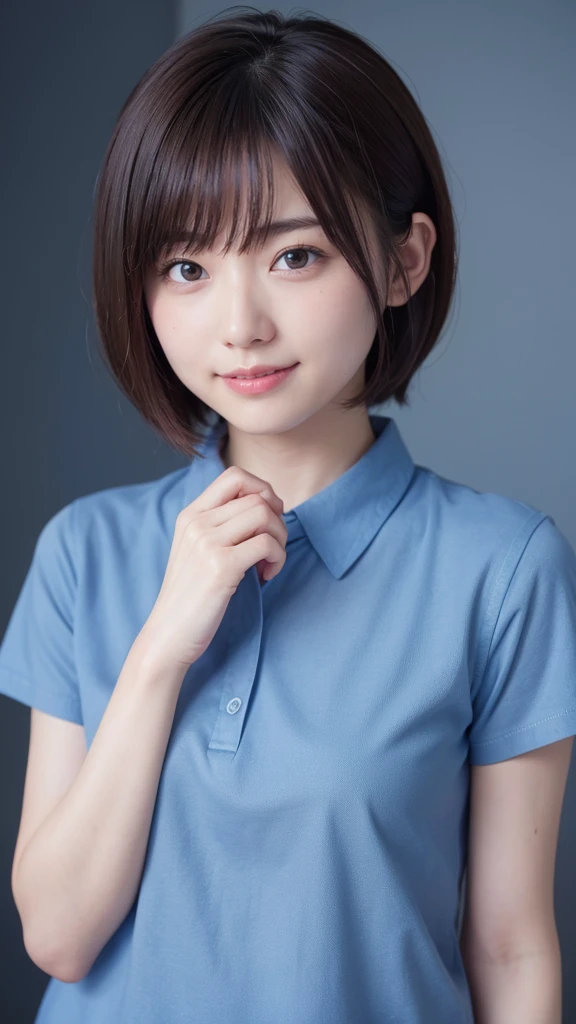 1 very cute girl、16 years old、short hair、Brown Hair、Hair is moist、reduce hair volume、Blue background、Upper Body、(head shot:1.5)、Eyes focus、Collared shirt、smile、(8k、RAW Photos、Highest quality、masterpiece:1.2)、(Realistic:1.3)、The depth of the written world、Wide Light、High Contrast、(Shine:1.4)、chromatic aberration、Sharp focus、Raw color photography、Cinema Lighting、8k解像度、