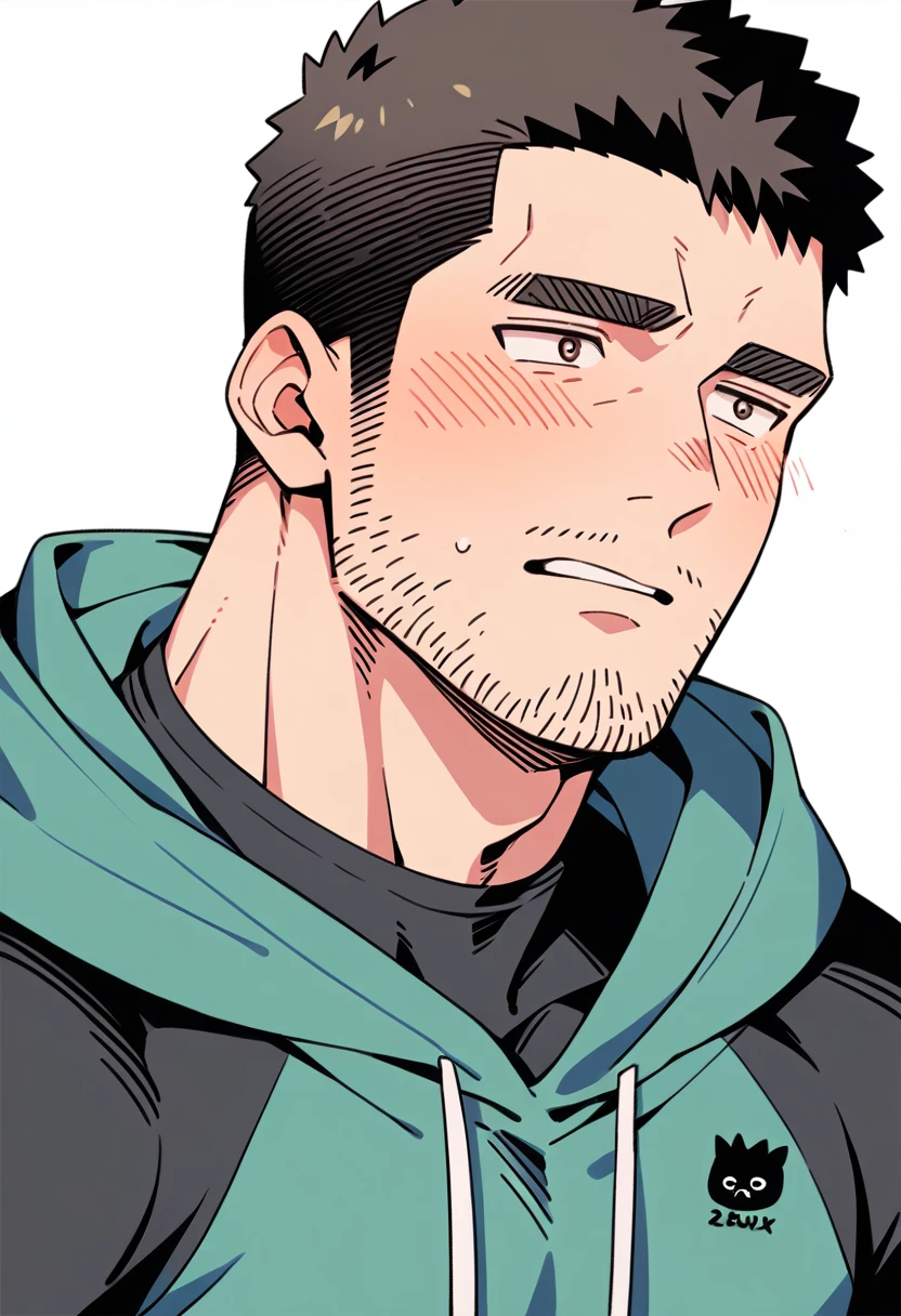 anime characters：Chris Redfield, Muscle Sports Student, Buzz Cut, Manliness, male focus, Sports tight hooded sweatshirt, Wear a black high-necked tights inside, Very tight, full and perky chest muscles, muscular male, muscular, only, Upper body, alone, Red short hair, Thick eyebrows, stubble, Brown-red pupils, White background, simple background, amazing quality, best aesthetics, Ridiculous, crew cut, parted lips, flustered, endured face, shy, blush, negative space, best quality
