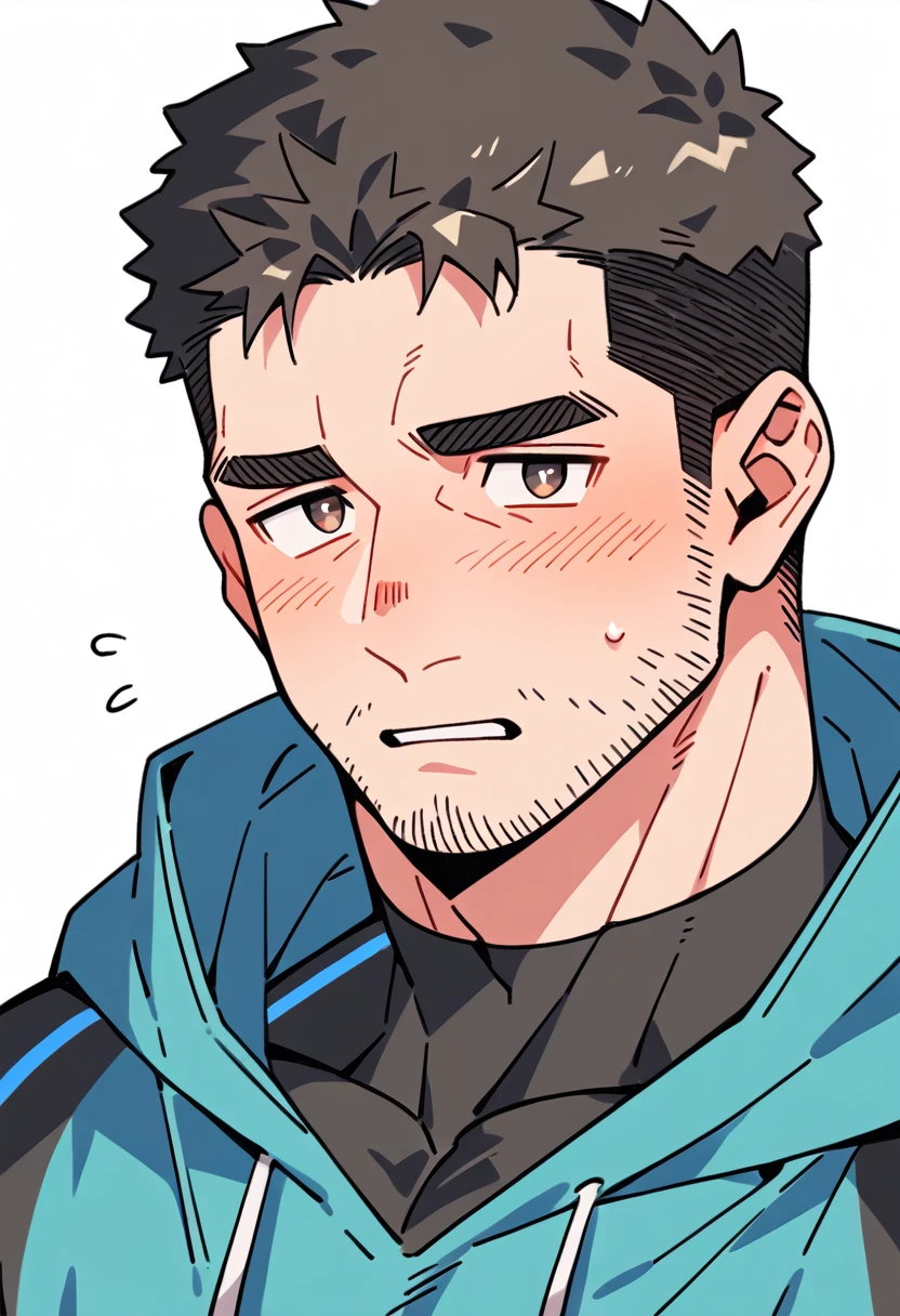 anime characters:Chris Redfield, Muscle Sports Student, Buzz Cut, Manliness, male focus, Sports tight hooded sweatshirt, Wear a black high-necked tights inside, Very tight, full and perky chest muscles, muscular male, muscular, only, Upper body, alone, Red short hair, Thick eyebrows, stubble, Brown-red pupils, White background, simple background, amazing quality, best aesthetics, Ridiculous, crew cut, parted lips, flustered, endured face, shy, blush, negative space, best quality
