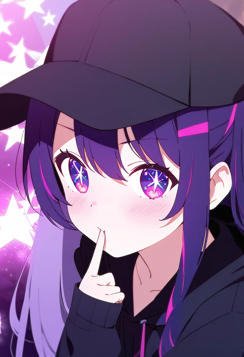 One Girl、(/Hoshino Ai\)、🤫、One girl、cute、My Favorite 、Purple Hair、Long Hair、Pink and purple multicolored eyes、Glowing stars in the eyes、Posing index finger in front of mouth、Black hoodie、Black cap、A little blush、I&#39;m a little anxious、Stuffy look、White background